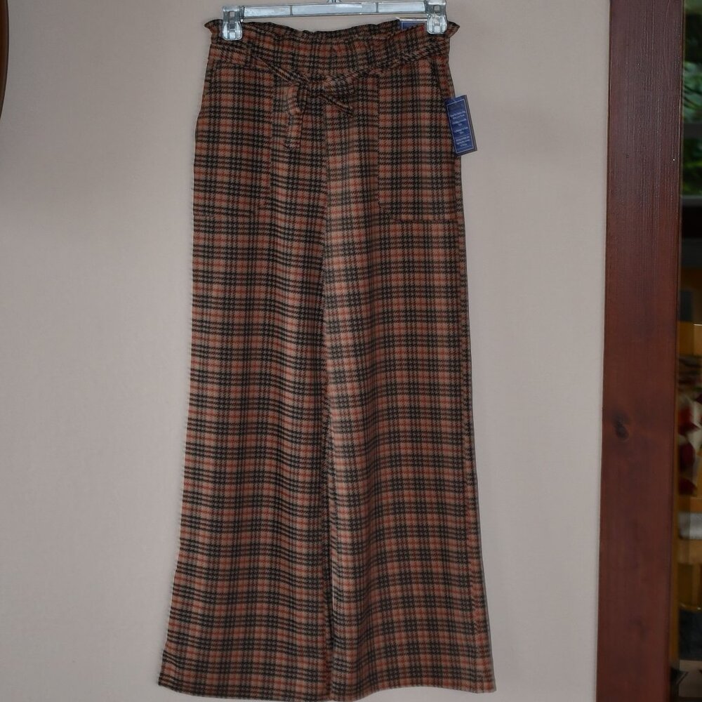 Lark+Grey Women's Tan Plaid Wide Leg Pull On with Tie Dress Pants Size M NWT